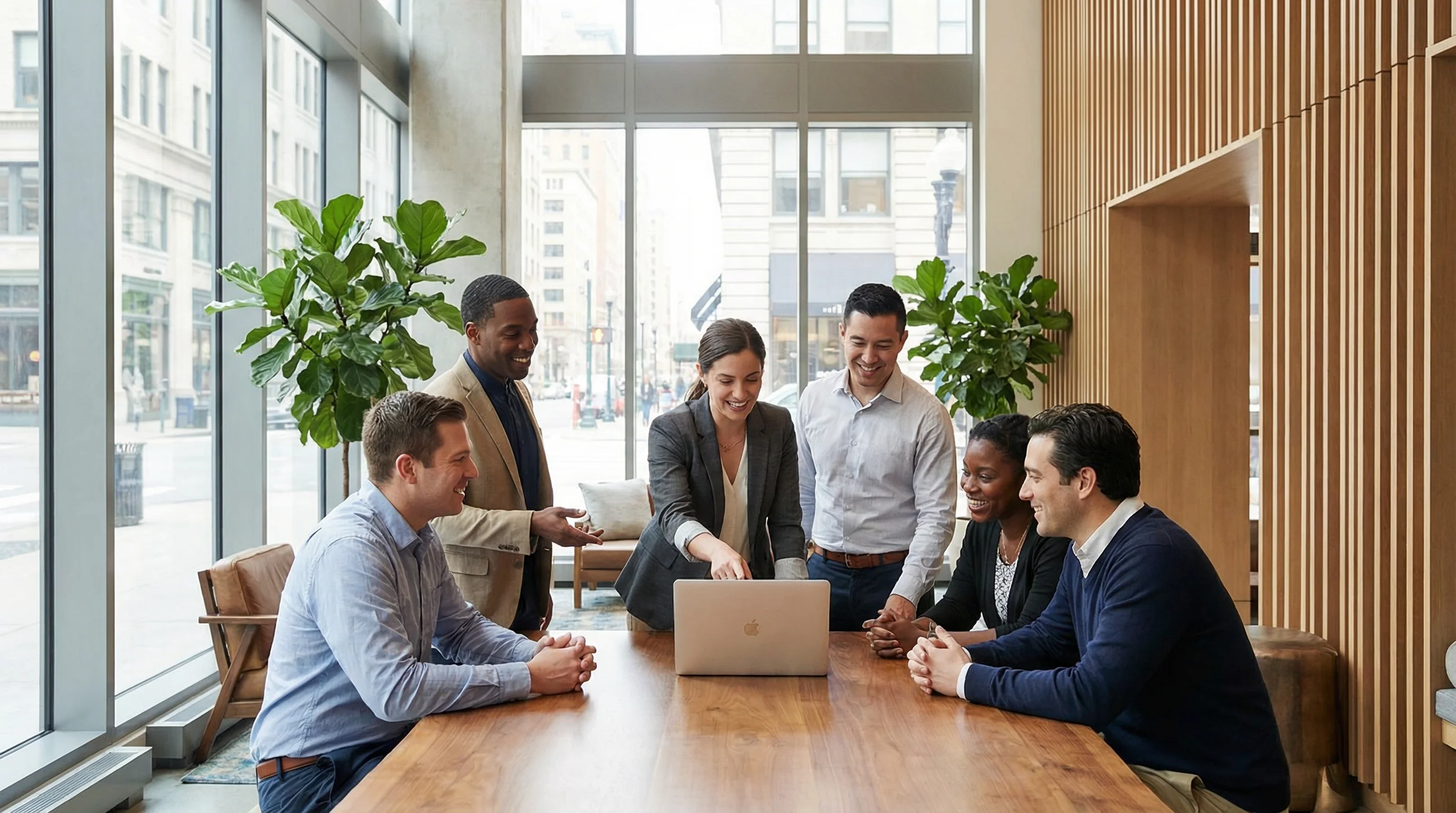 Équipe hôtelière en réunion de planification pour la mise en place du room directory digital