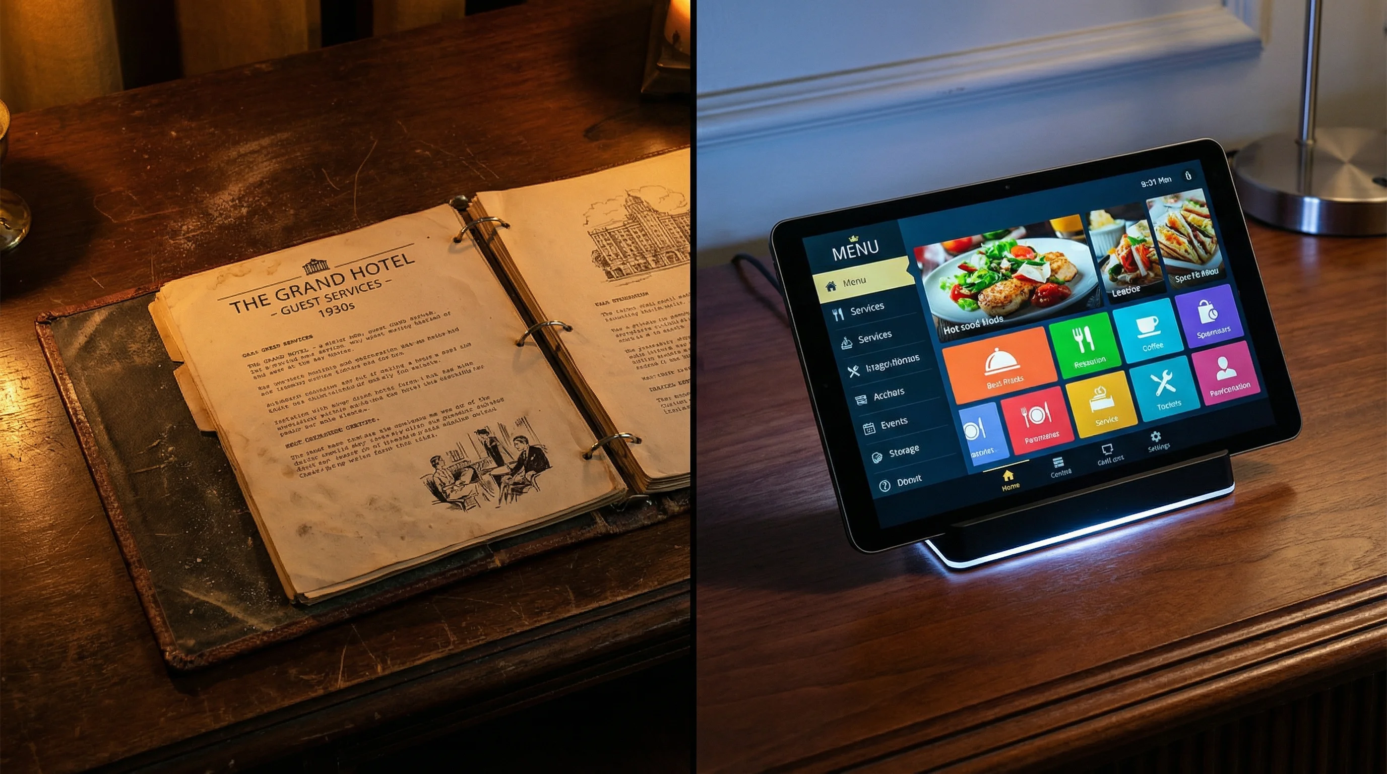 Comparaison entre un livret d'accueil papier usé et un room directory digital moderne