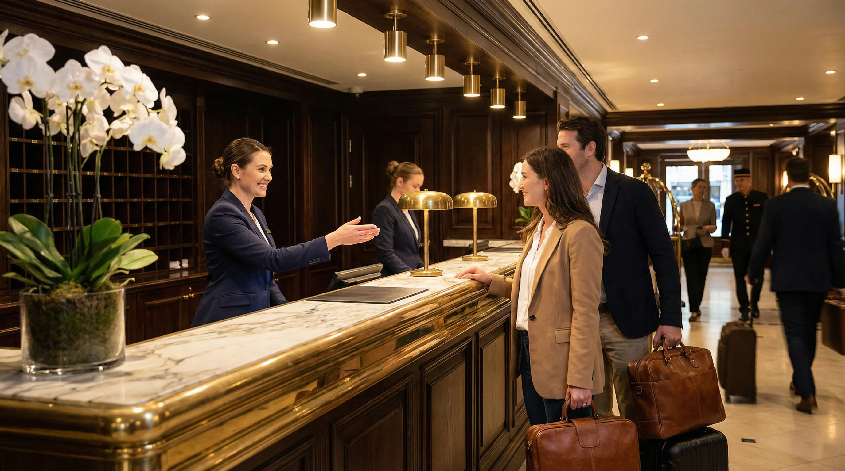 Réceptionniste d'hôtel ayant du temps pour accueillir personnellement un client